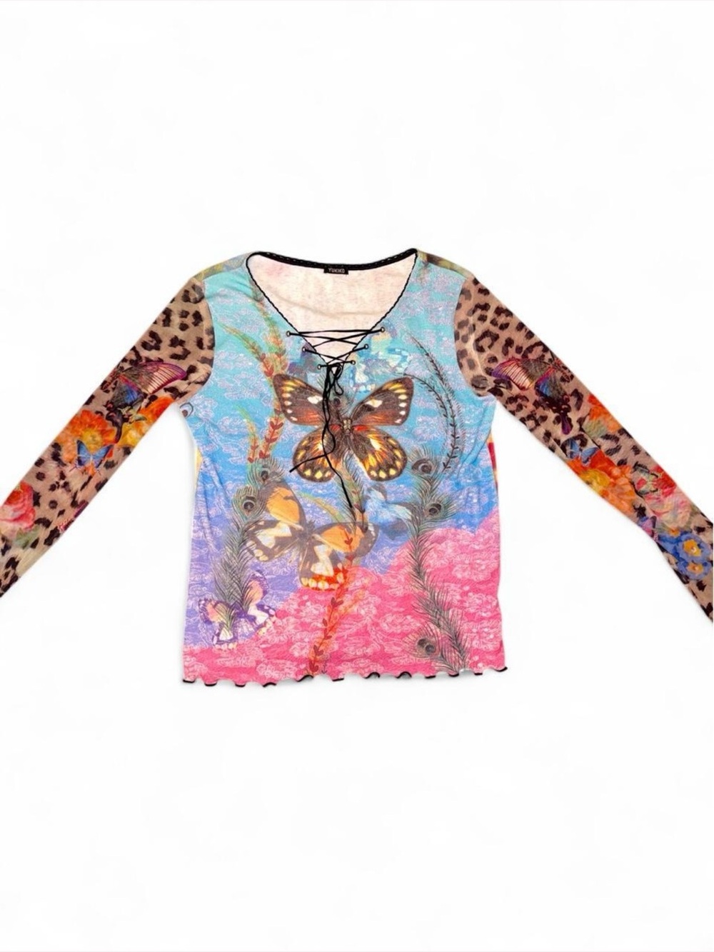 Y2K Yukiko Butterfly Leopard Print Lace-Up Top Size M